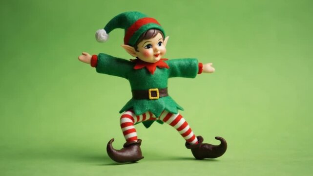 Elf figurine with green and red outfit standing on a green background with arms outstretched christmas elves green screen video