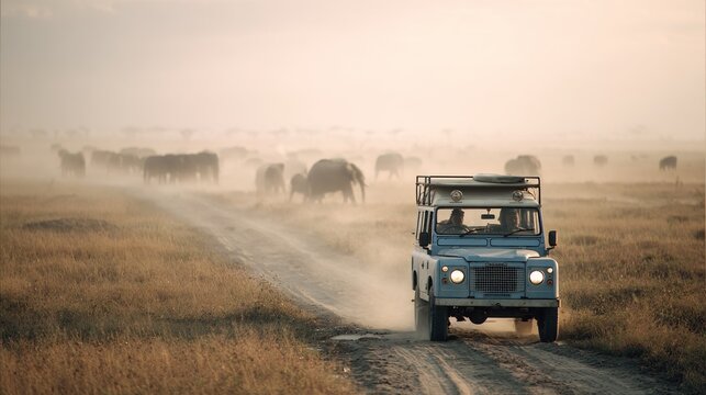 Safari jeep drives through dusty savanna with elephants