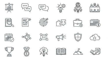 Collection of linear business icons depicting strategy, communication, planning, teamwork, and success, showcasing concepts of growth, collaboration, and achievement