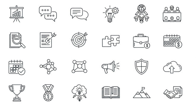 Collection of linear business icons depicting strategy, communication, planning, teamwork, and success, showcasing concepts of growth, collaboration, and achievement
