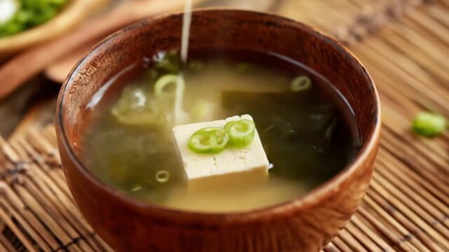 Close up of miso soup with tofu and vegetables in a wooden bowl