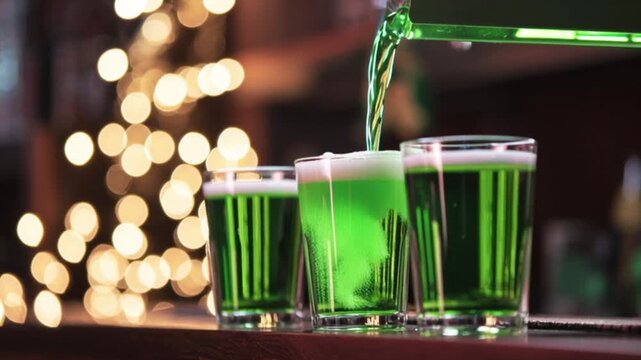 Pouring green beer into glass pints on bar top with bokeh lights 4k, festive St. Patrick&rsquo;s Day celebration, Irish pub culture, holiday drinks, party and nightlife footage
