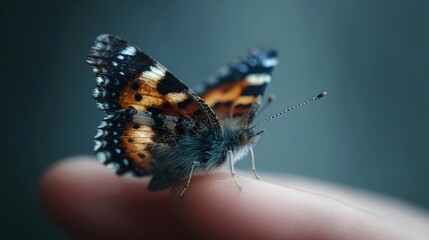 A delicate butterfly with intricate wing patterns rests gently on a human fingertip showcasing a ro view of nature s beauty