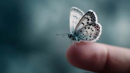 A delicate butterfly rests on a human fingertip showcasing intricate wing patterns in sharp focus against a blurred background