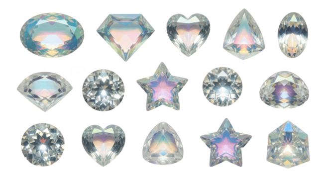 Collection of multifaceted iridescent gemstones in various shapes isolated on transparent background