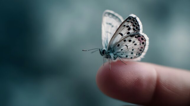 A delicate butterfly rests on a human fingertip showcasing intricate wing patterns in sharp focus against a blurred background