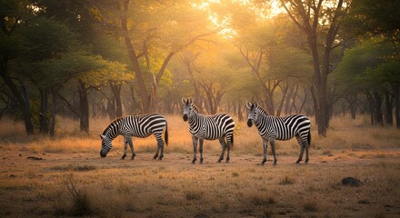 Wild zebras with black and white stripes grazing on grass in the Serengeti National Park, Tanzania, Africa