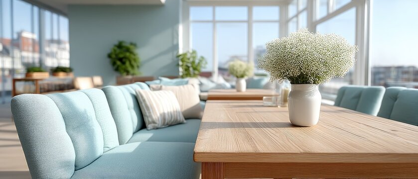 Close Up of a Modern Dining Table with White Flowers in Vase Near Window Sunny Day Interior Design