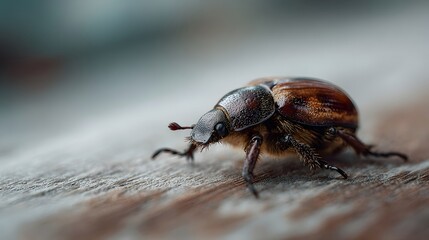 Close up ro photograph of a detailed brown beetle with hairy legs slowly crawling across a rustic wooden surface