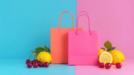 Vibrant shopping bags with fresh lemons and ripe cherries against a colorful split background creating a cheerful retail ambiance