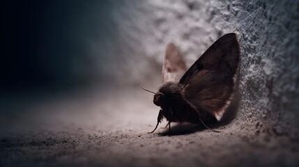 Fototapeta premium A brown moth rests on a textured wall in dim moody lighting with a dark background