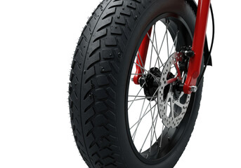 Naklejka premium Electric bike's front wheel: matte black tire with water droplet, chrome spokes, silver brake, red frame, gray, studio lighting. Modern engineering concept