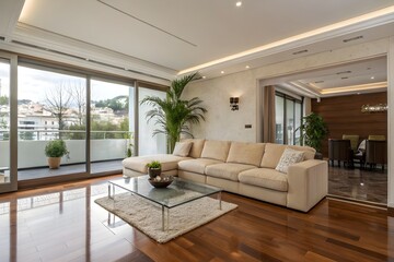 Fototapeta premium Modern luxury living room with beige sectional sofa, glass coffee table, and designer indoor plant