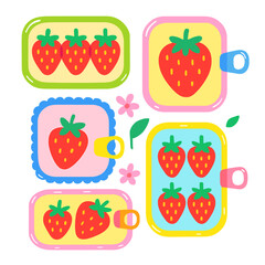 Cute Strawberry Fruit Sticker Set Illustration. Retro Summer Kitchen Pattern with Sweet Strawberries.