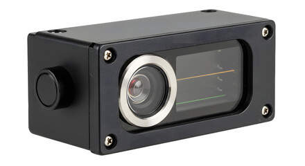 Fototapeta premium Laser Distance Sensor Device with Black Casing and Optical Lens for Automation and Measurement