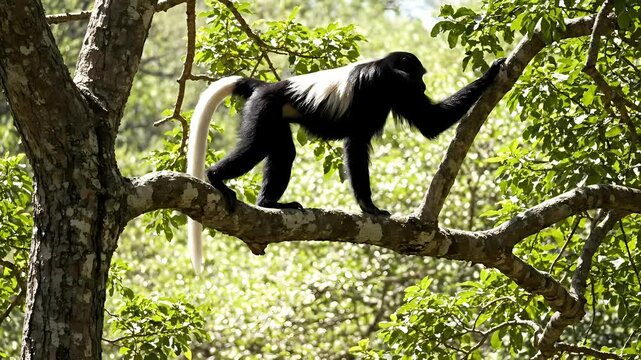 A wild black and white colobus monkey with a long, flowing tail stands on a thick tree branch in a lush green jungle