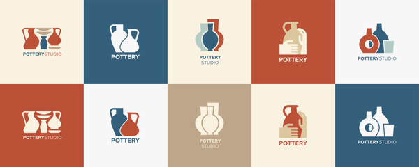 Set of logo design template for pottery or ceramic studio, art studio, shop isolated on background. Ceramic handmade shop icon collection. Vector illustration
