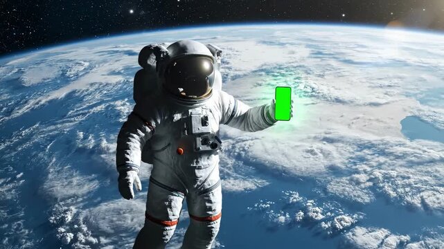 Astronaut in EVA suit floating in orbit, smartphone glowing chroma green screen, Earth curvature illuminated in background.