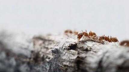A detailed ro shot captures a group of brown ants busily collaborating and moving across a rough textured wooden branch in natural light