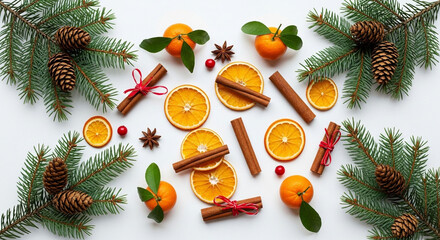 Festive flat lay with dried orange slices, cinnamon sticks, star anise, cranberries, tangerines, and fir branches isolated on white background