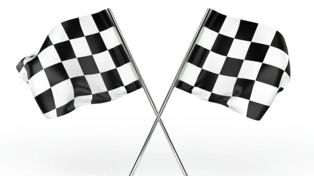 Checkered racing flags crossed isolated on white background, black and white square pattern symbol of motorsport finish line, auto race competition victory concept, professional speed championship des