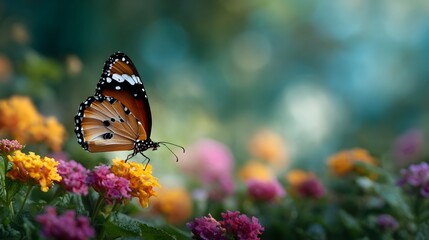 Obraz premium A detailed ro photograph of a striking butterfly perched on a cluster of colorful wildflowers in a vibrant garden setting