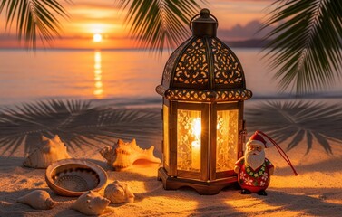 Festive lantern glowing with ornament seashells scattered palm shadows horizon sunset glowing warmly tropical seaside seasonal cozy atmosphere