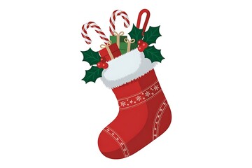 Red christmas stocking filled with candy canes and gifts