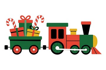 Festive christmas train carrying gifts and candy canes