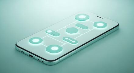 Smartphone with glowing teal interface elements, showcasing app connectivity and digital workflow.  Represents modern technology, seamless integration, and user experience