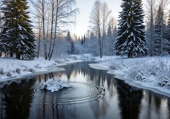 Winter River Scene in Snowy Forest.