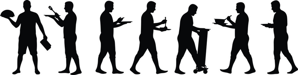 Food service silhouette sequence, dining and serving actions, kitchen tools, waiter and customer roles, hospitality concept, black vector illustration, culinary poses © Shafik Creatives