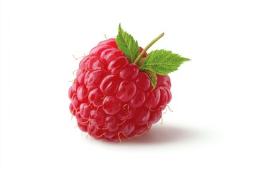 Single, vibrant red raspberry with green leaves