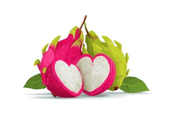 Two dragon fruit halves, heart-shaped, vibrant pink and green