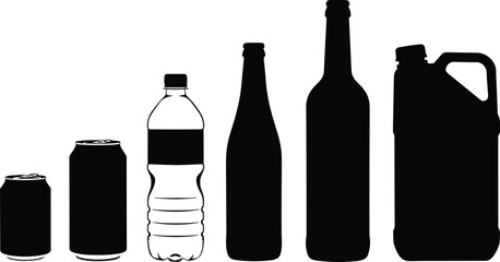 Set of beverage containers silhouette vector illustration, including cans, plastic bottle, glass bottles and jerry can shapes isolated on white background design