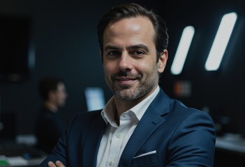 Banking operations specialist confidently standing beside a preparation area