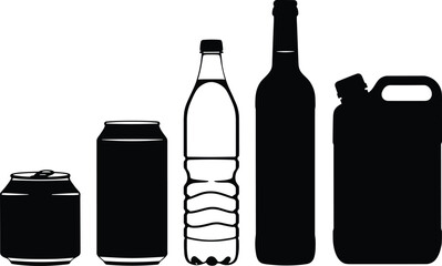 Silhouette collection of beverage and liquid containers, soda can, water bottle, beer bottle, jerry can, packaging design, recycling, vector illustration