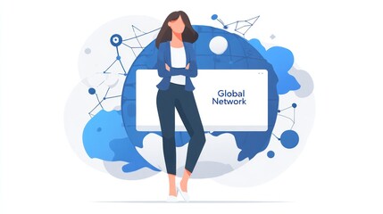 Woman in business attire stands confidently behind a large digital display showcasing a global network