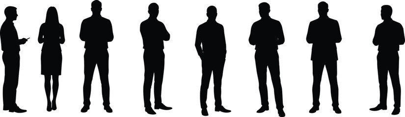Silhouettes of Business People Standing, Team Discussion, Corporate Meeting Concept, Office Workers, Group of Professionals in Black Isolated Vector