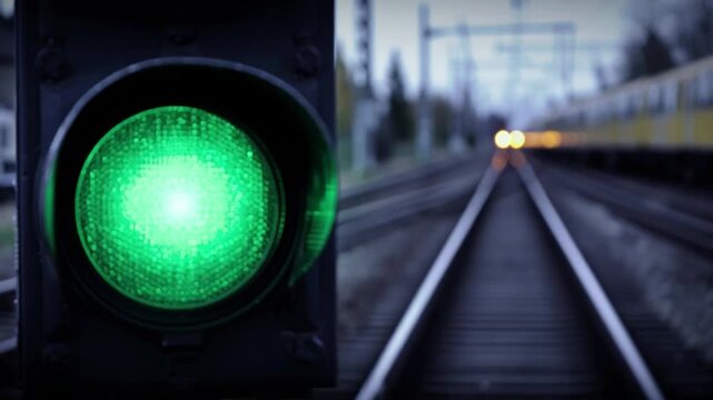 Green railway signal light with train approaching on tracks transportation system rail safety infrastructure travel industry technology metro station journey traffic control 4k footage