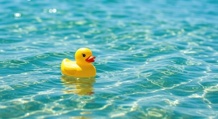 On waves with stripes of blue and white, a yellow rubber duck