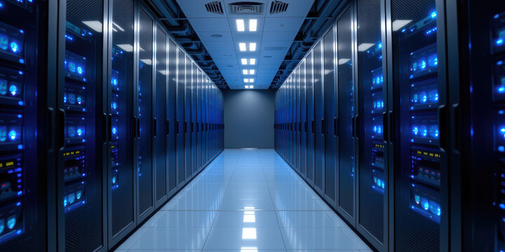 Data center aisle server rack blue lights futuristic atmosphere calm