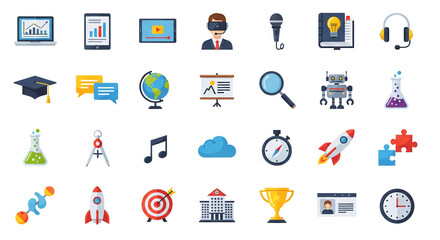 Collection of colorful flat icons depicting education, technology, and business concepts, showcasing progress, innovation, and learning
