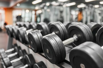 Fototapeta premium Dumbbells on rack in modern gym