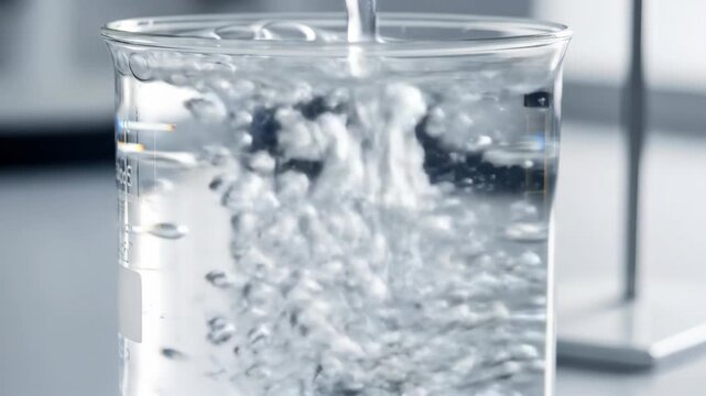Pouring liquid into glass beaker with bubbles in a science lab, experiment.