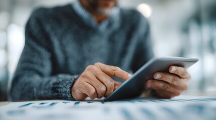A professional uses a tablet with charts and documents focusing on data analysis in an office setting
