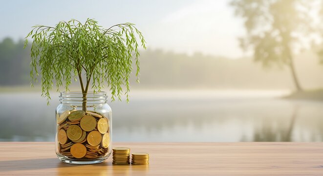 Green sapling growing from glass jar filled with gold coins on wooden table money tree savings - Powered by Adobe