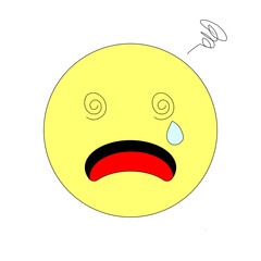 ぐるぐる目で泣き崩れる困惑の表情