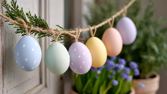 Pastel easter eggs hanging decoratively on twine amid vibrant spring blossoms