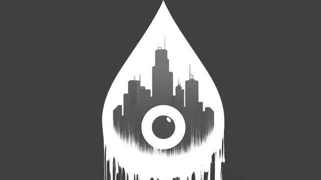 Abstract white dripping city silhouette with eye on dark background